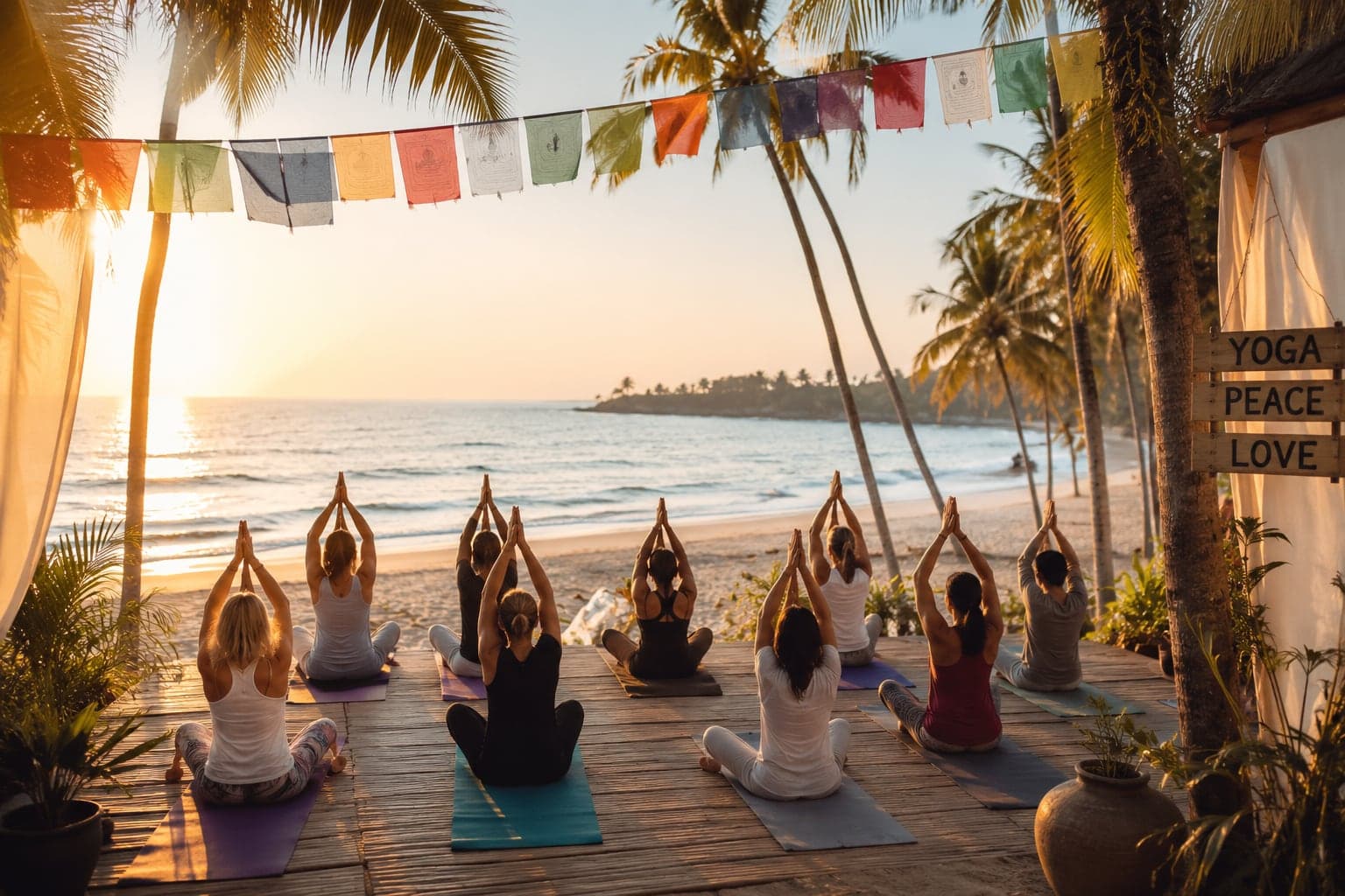 People practicing yoga during sunrise at a beachside yoga retreat in Goa, India, surrounded by palm trees and ocean views.