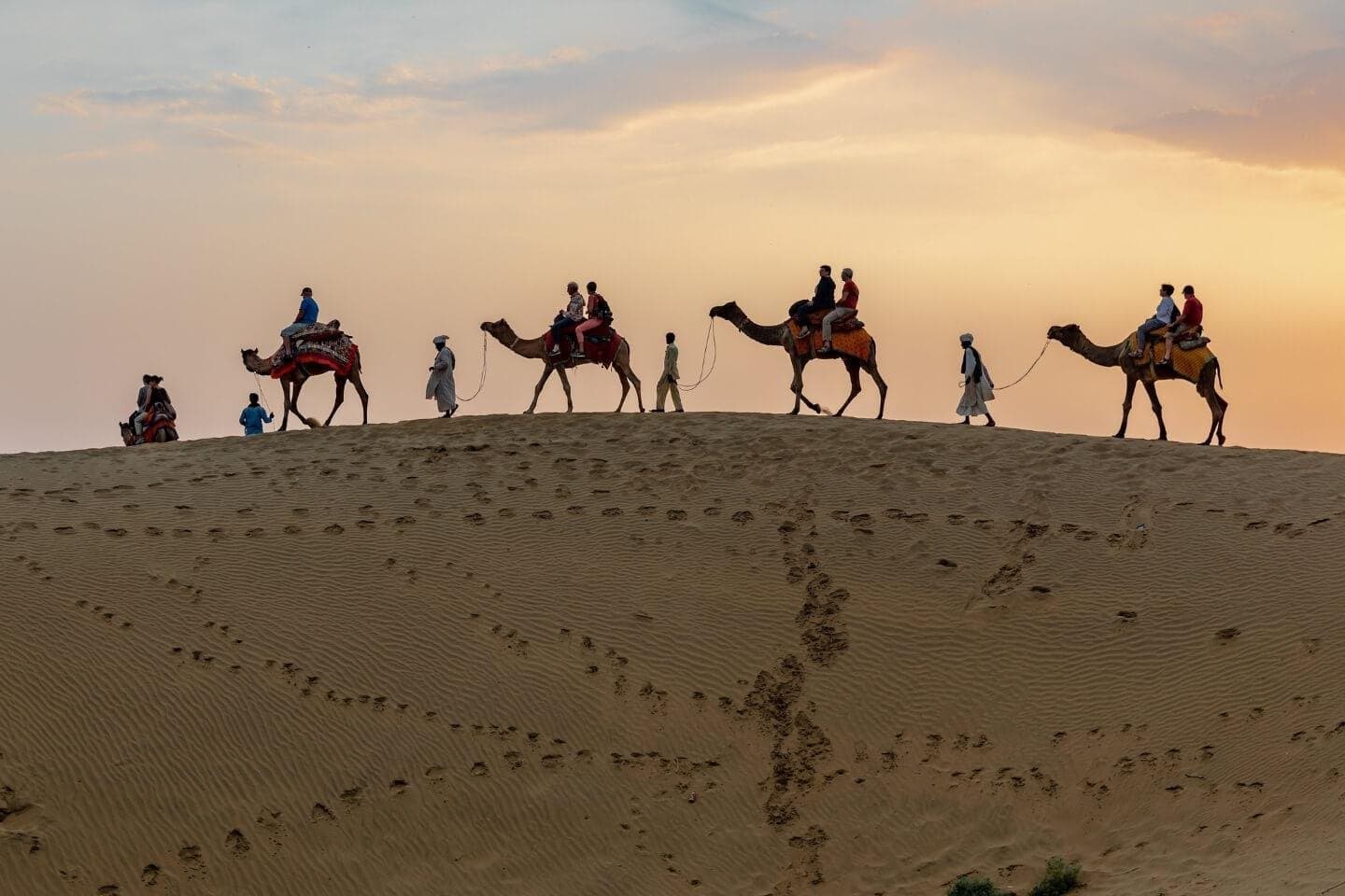 A line of camels carrying riders across the crest of a sand dune at sunset