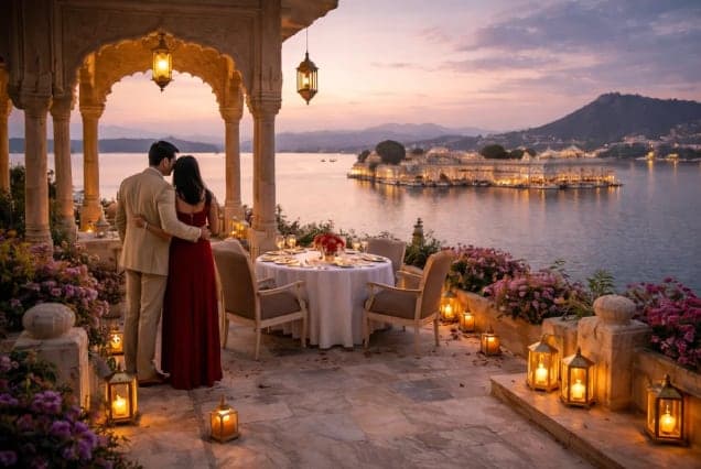 A couple on a candlelit dinner terrace overlooking Lake Pichola and the Lake Palace in Udaipur at dusk