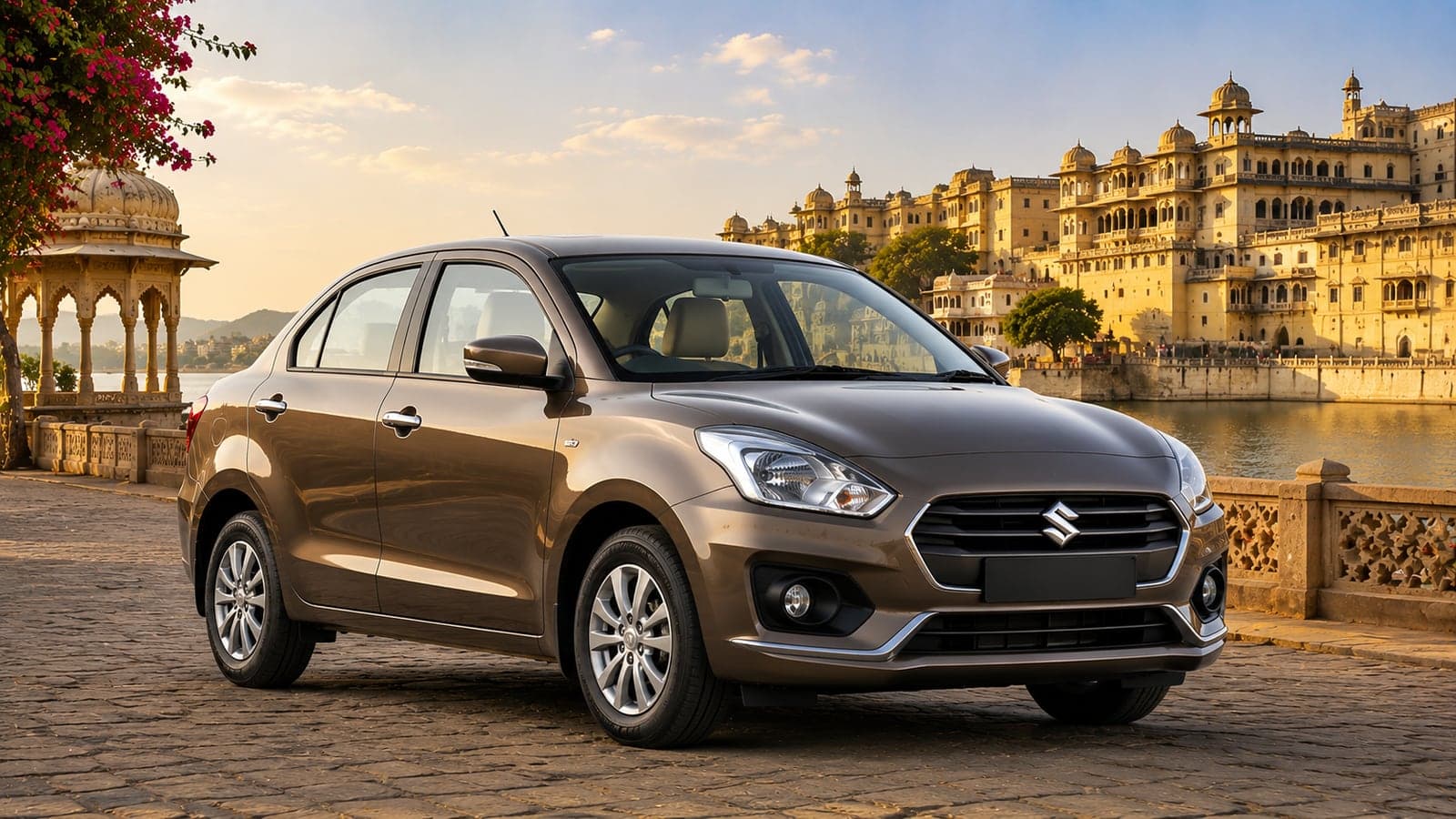 Bronze Maruti Suzuki Swift Dzire on a lakeside promenade below the City Palace in Udaipur