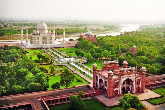 Aerial view of the Taj Mahal, its gardens and the red sandstone Great Gate in Agra