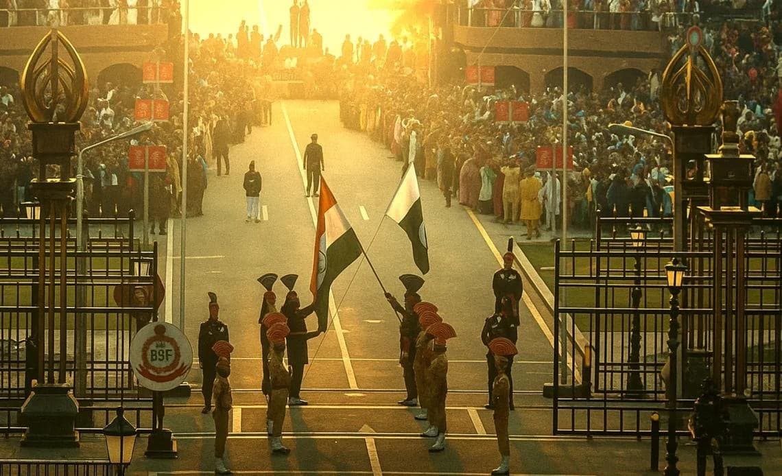 Border Security Force guards and flags at the Attari–Wagah border ceremony near Amritsar, with packed stands at sunset
