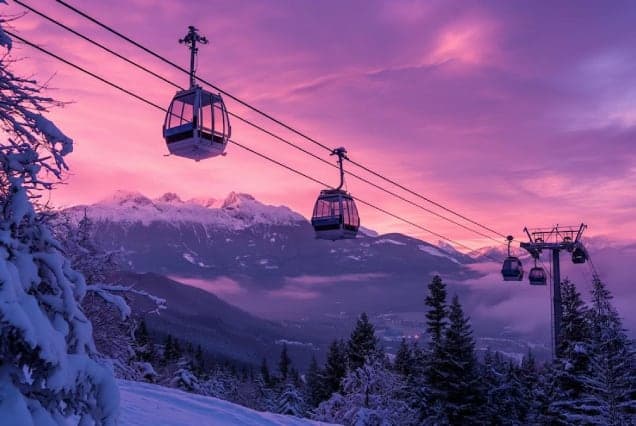 Gondola cable cars above snow-covered pine forest against a pink and violet sunset sky