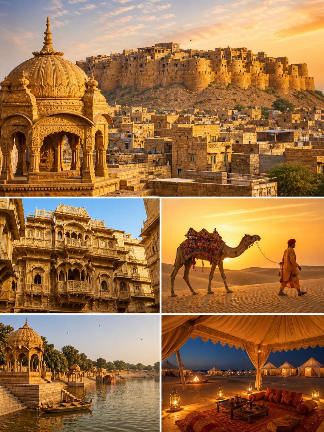 Collage of Jaisalmer: the fort above the city, a carved haveli, a camel in the dunes, a lakeside chhatri and a desert camp