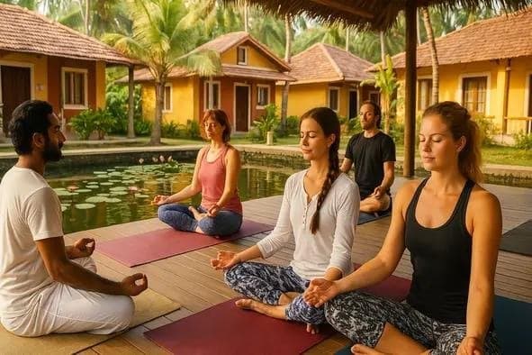 A small group meditating on yoga mats on a wooden deck beside a lily pond and tropical cottages