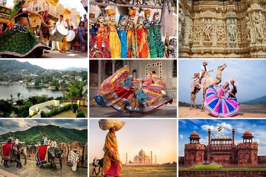 Collage of India: folk dancers, puppets, temple carvings, elephants at Amber Fort, the Taj Mahal and the Red Fort