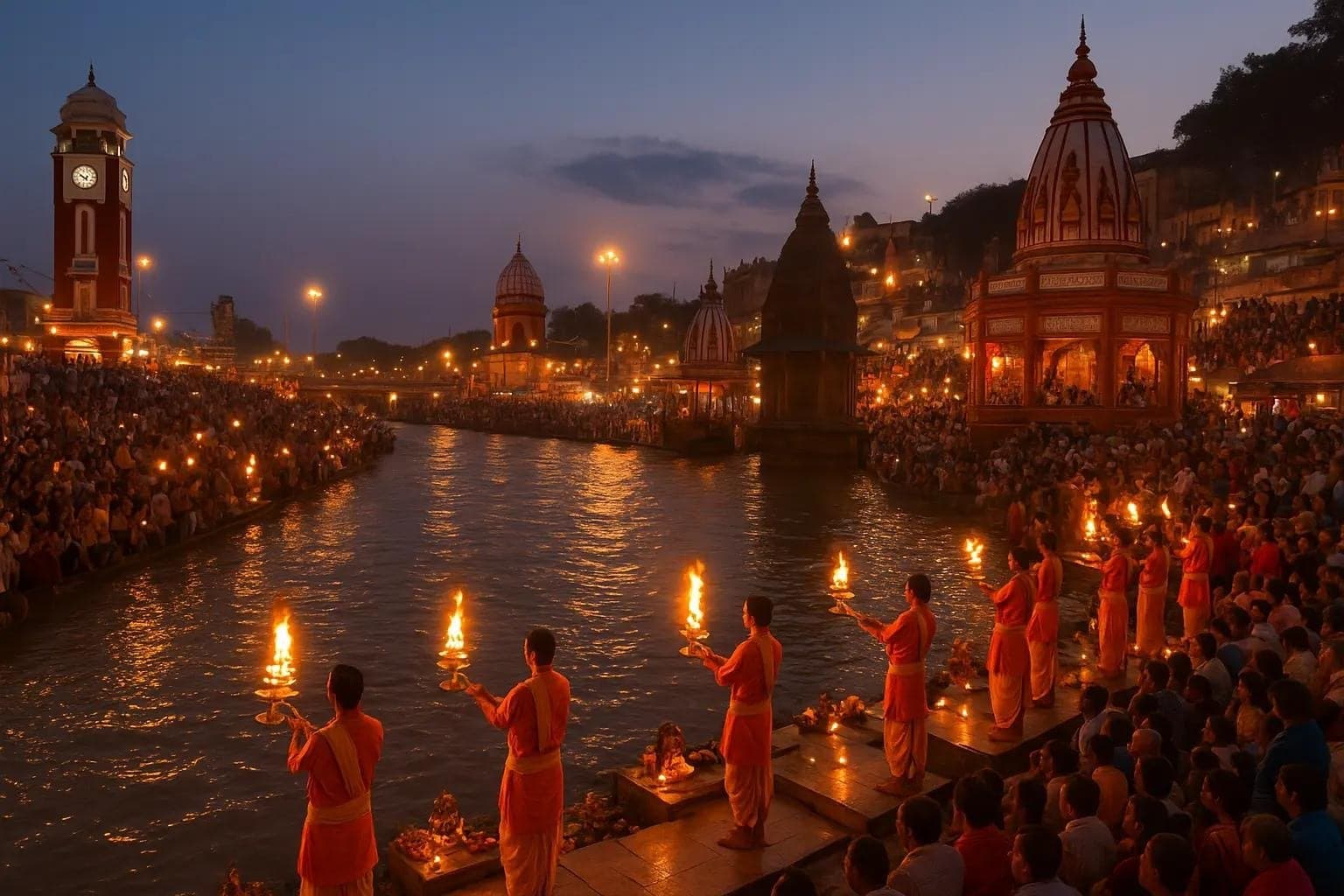 Priests performing the evening Ganga Aarti at Har Ki Pauri in Haridwar, with crowds along the ghats