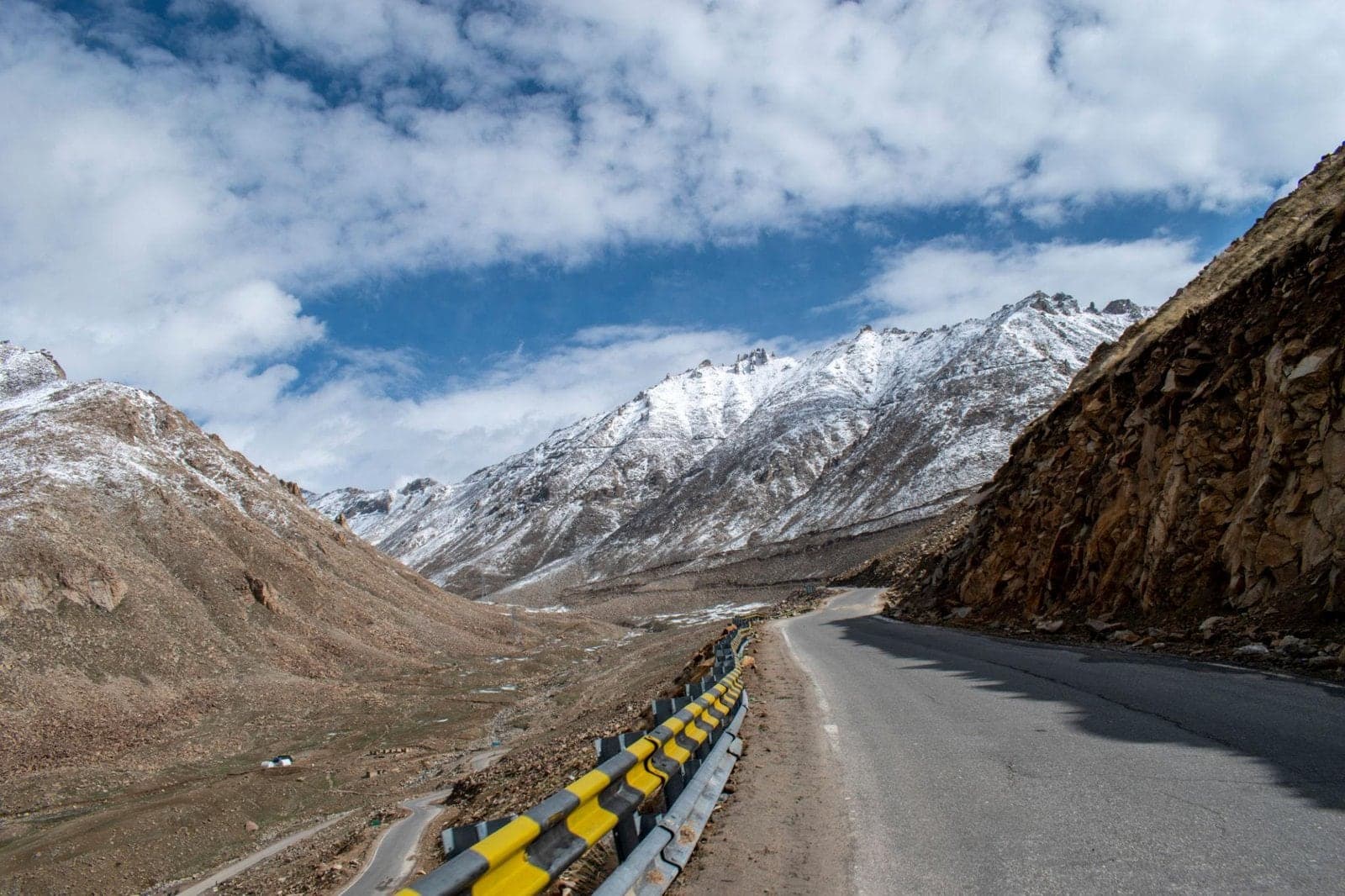 A mountain highway winding through a barren valley below snow-capped Himalayan peaks