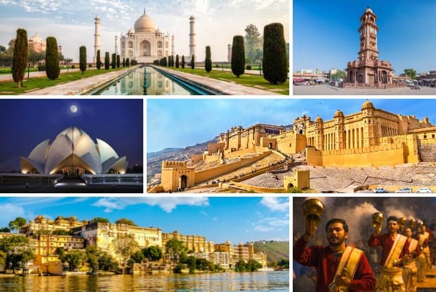 Collage of the Taj Mahal, Jodhpur's clock tower, Delhi's Lotus Temple, Amber Fort, Udaipur's City Palace and a Ganga Aarti